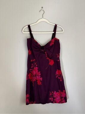 Free People Purple Floral Bow‎ Mini Dress Sleeveless Strappy S Y2K